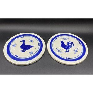 Ken Edwards El Palomar Mexican Pottery Round Rooster & Duck Trivet 7" LOT 2